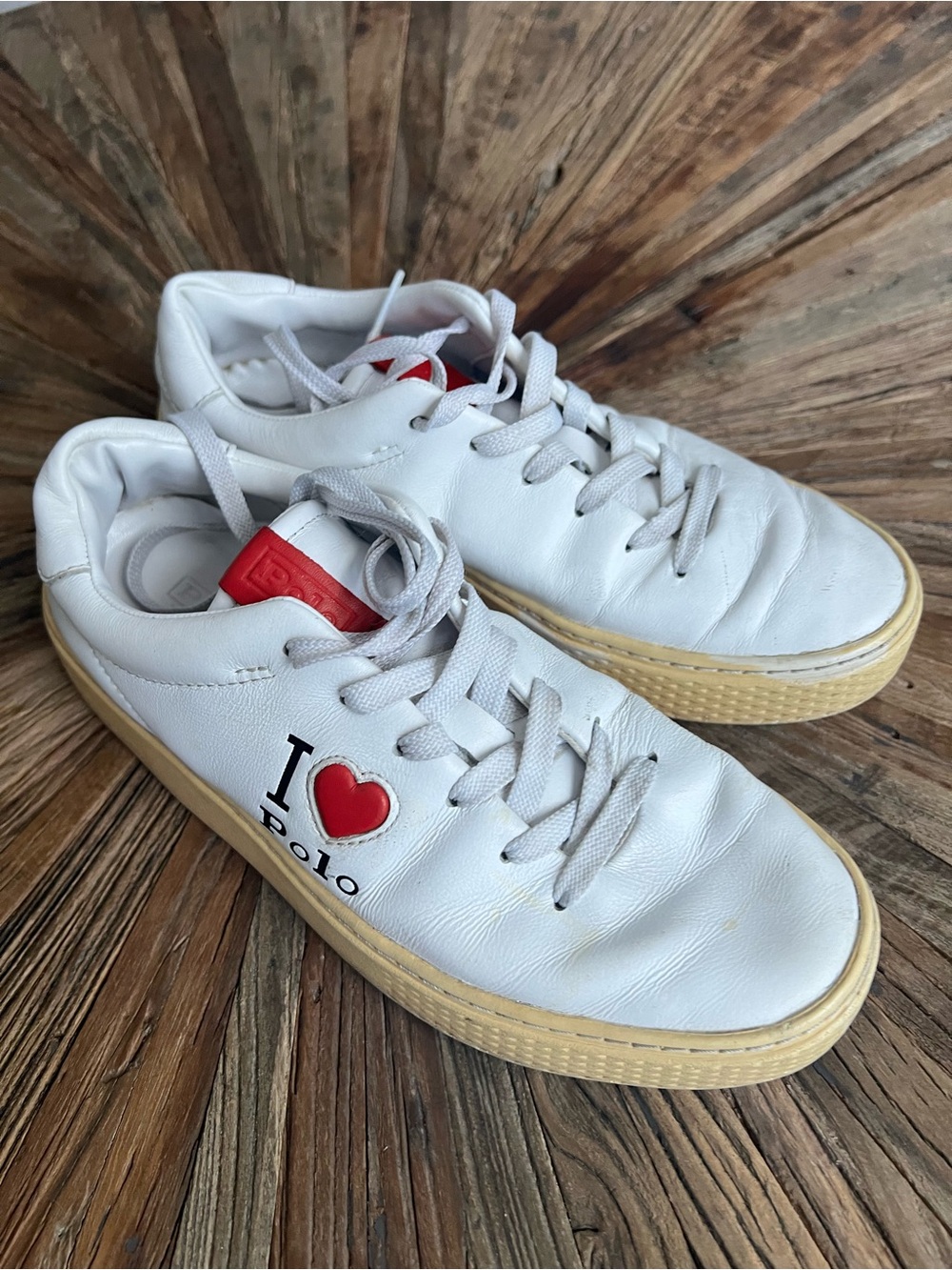 Polo by Ralph Lauren White Leather 'I ♥ Polo' Sneakers with Red Accent